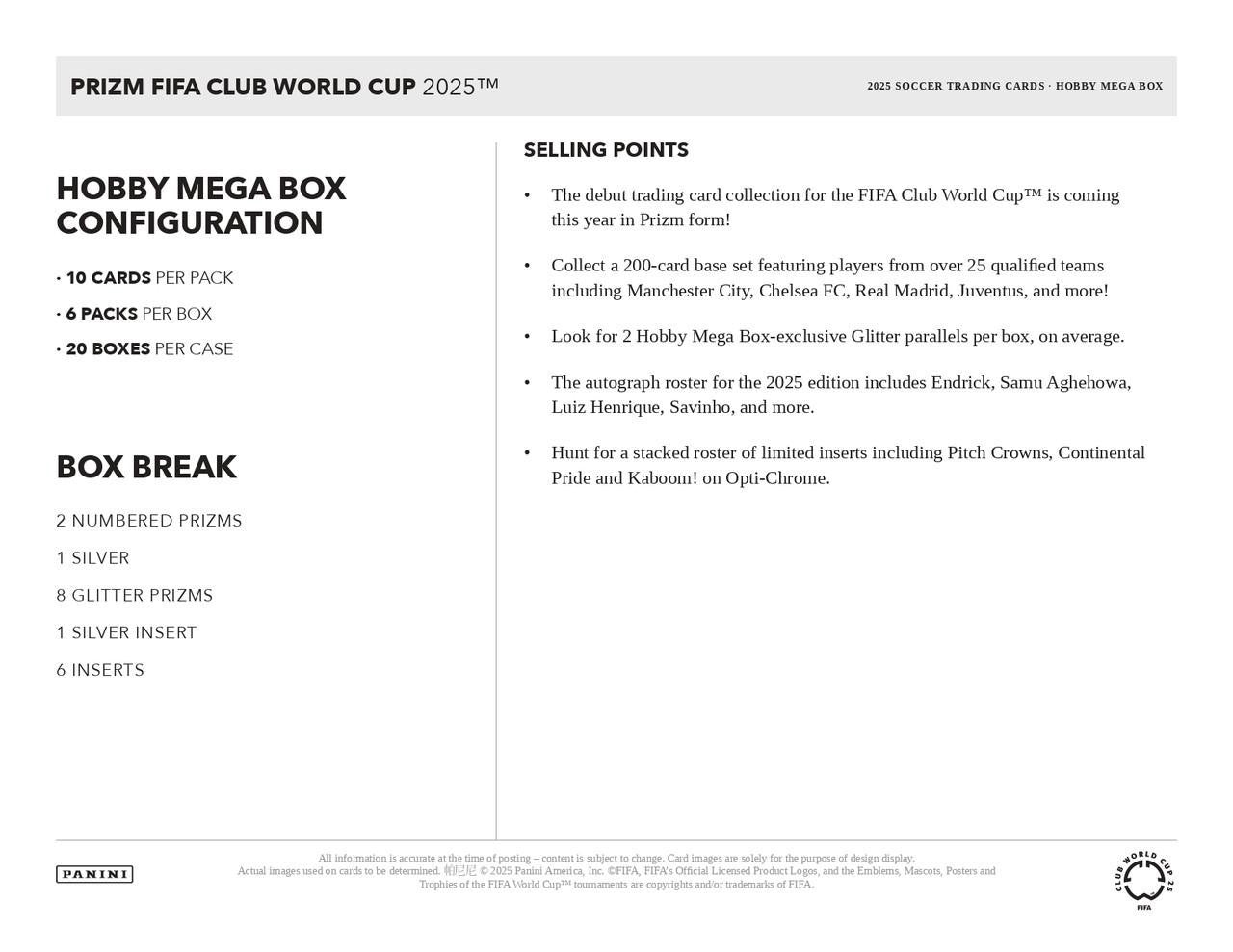 2025 Panini Prizm FIFA Club World Cup Soccer Hobby Mega Box