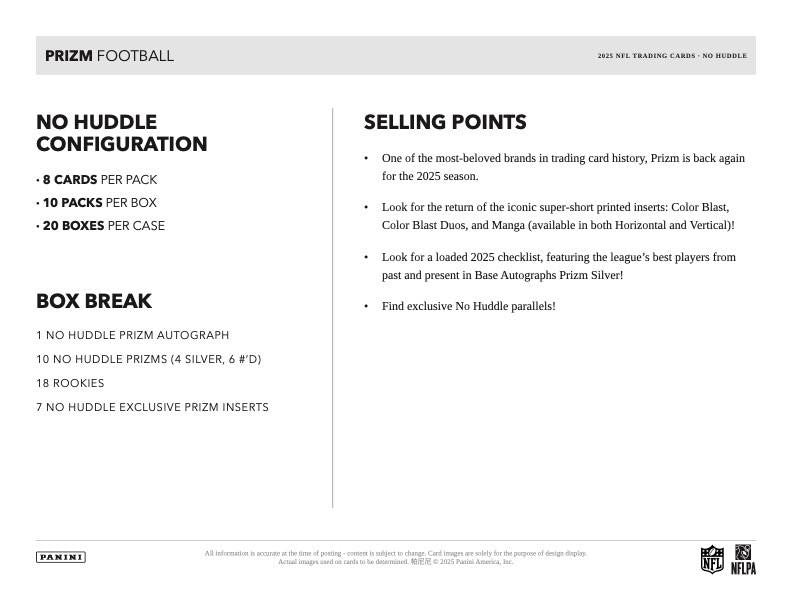 2025 Panini Prizm Football No Huddle Hobby Box