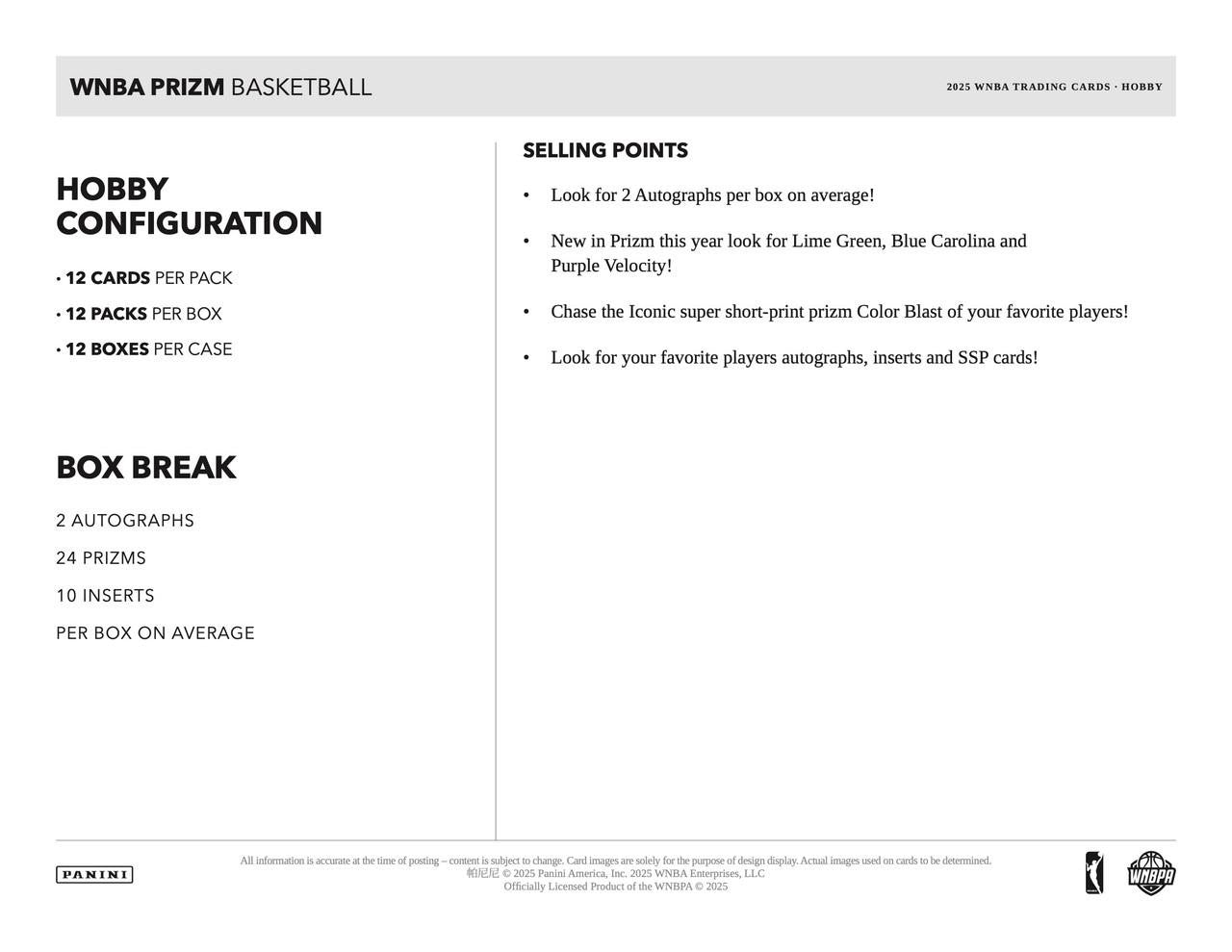 2025 Panini Prizm WNBA Basketball Hobby Box