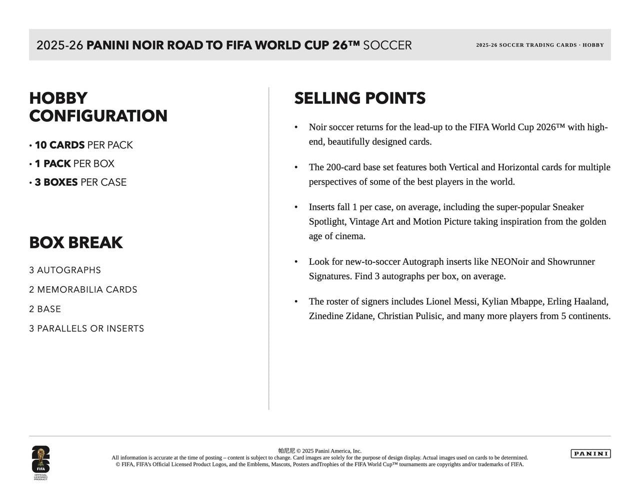 2025-26 Panini Noir Road To FIFA World Cup 26 Soccer Hobby Box