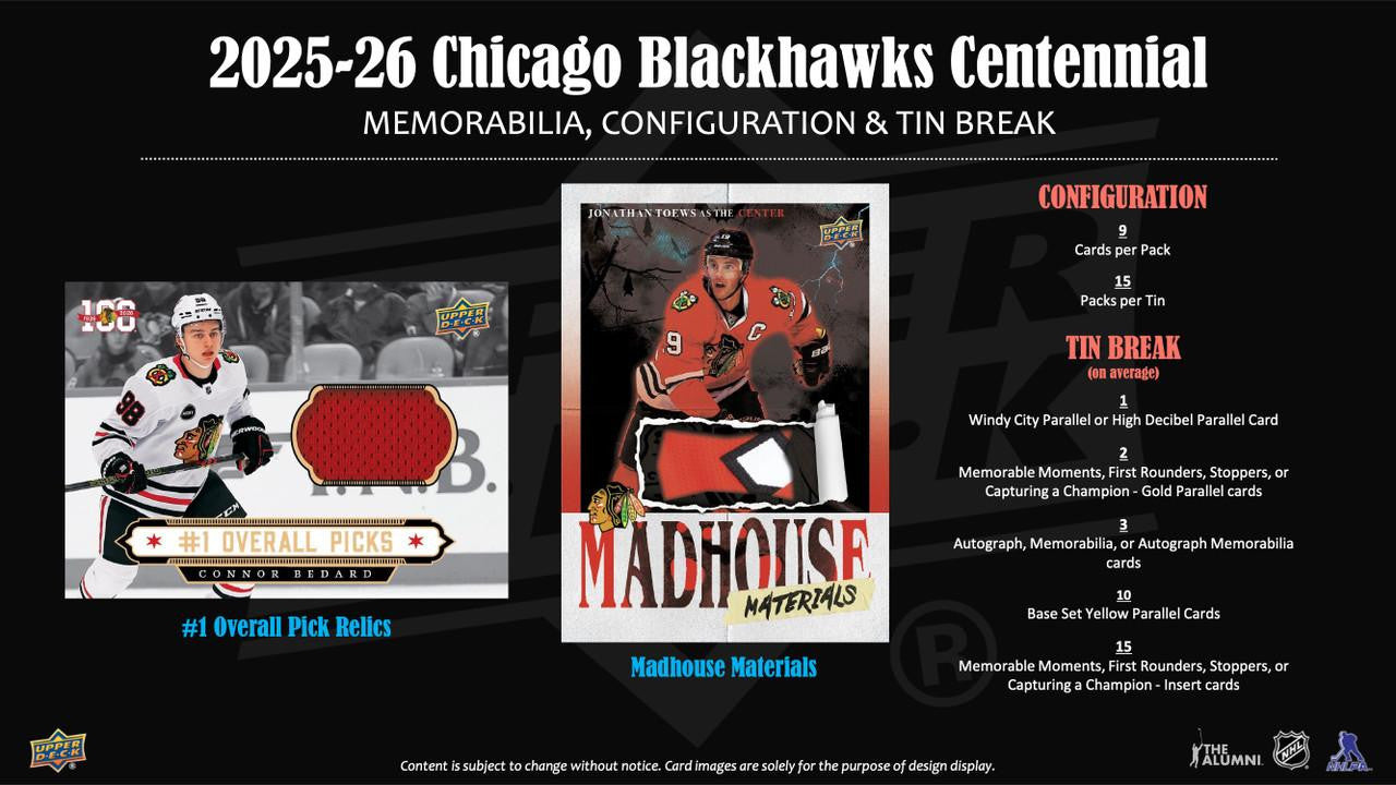 2025-26 Upper Deck Chicago Blackhawks Centennial Hockey Hobby Box Tin