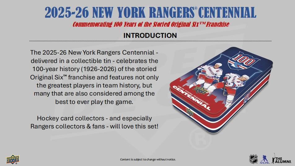 2025-26 Upper Deck New York Rangers Centennial Hockey Hobby Box