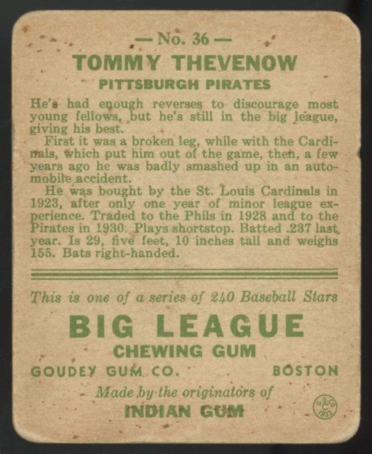 1933 Goudey Tommy Thevenow Big League Gum #36 F/G