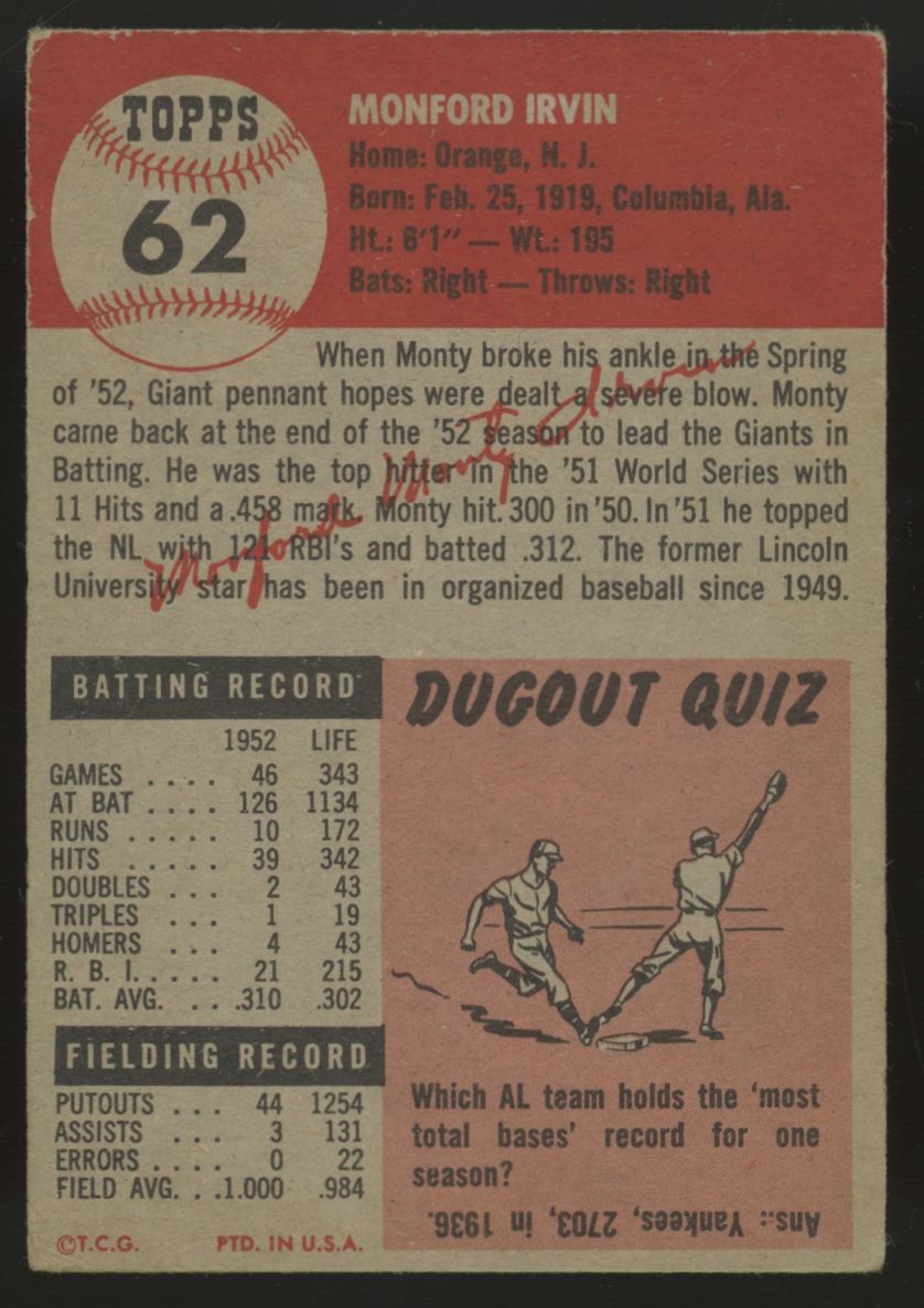 1953 Topps Monte Irvin #62 VG