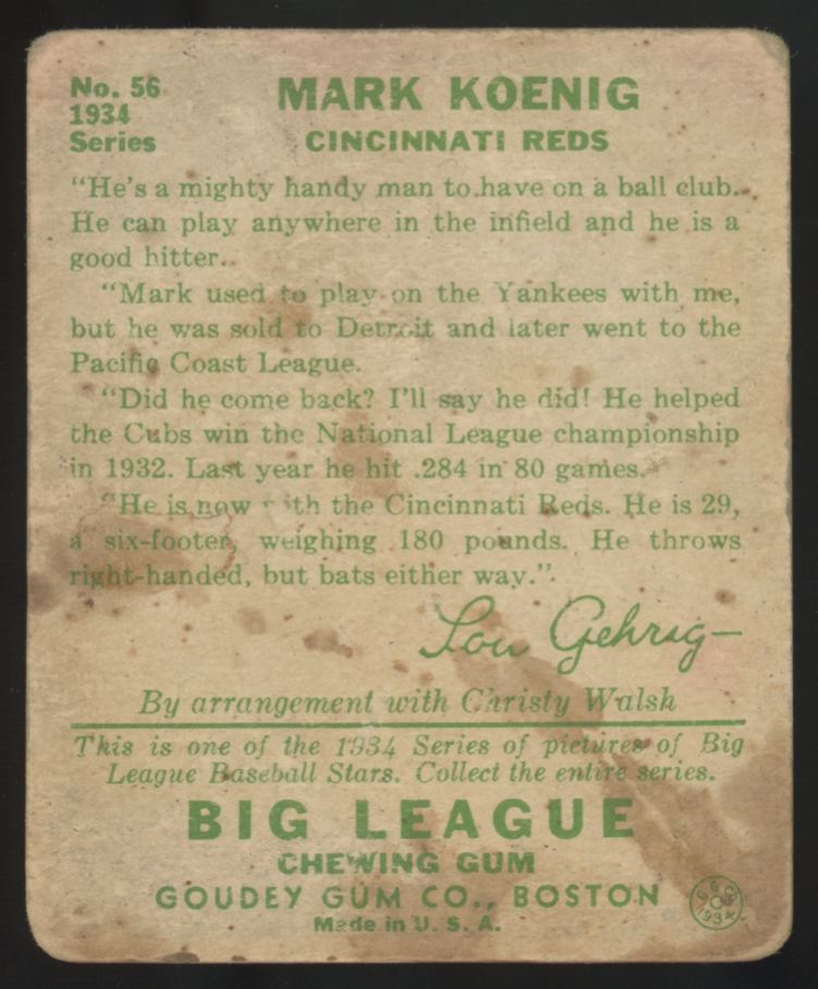 1934 Goudey Mark Koenig Big League Gum #56 Poor