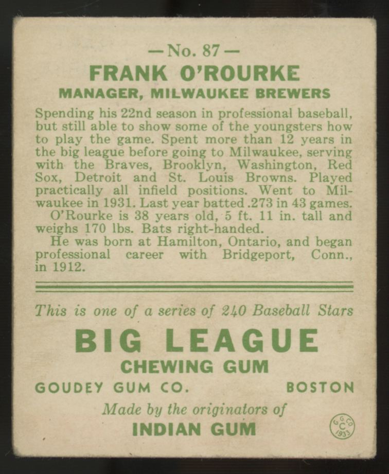 1933 Goudey Frank O'Rourke #87 G/VG