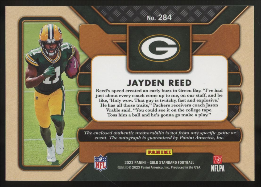 2023 Panini Gold Standard Jayden Reed RC Triple Patch Auto RPA /149 #284