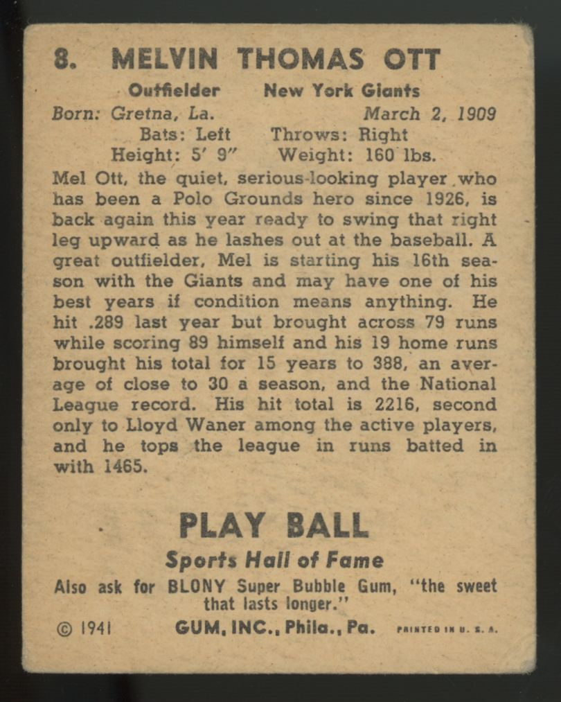 1941 Play Ball Mel Ott #8 VG (Wrinkles)