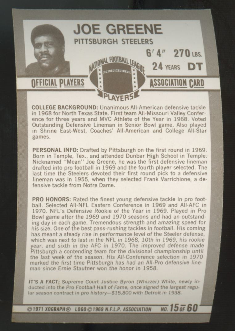 1971 Kellogg's Joe Greene RC 3-D Super Stars #15 EX+