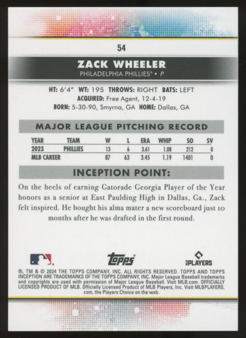 2024 Topps Inception Zach Wheeler Orange /10 #54