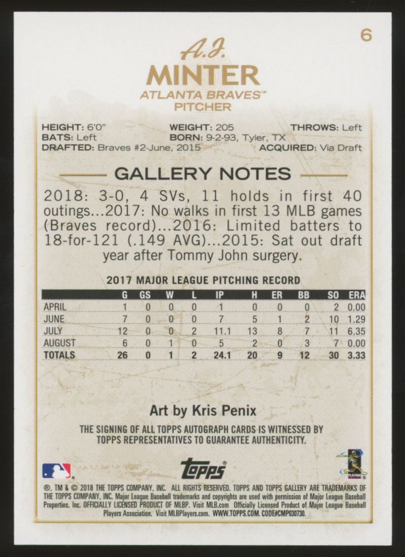 2018 Topps Gallery A.J. Minter RC Auto #6