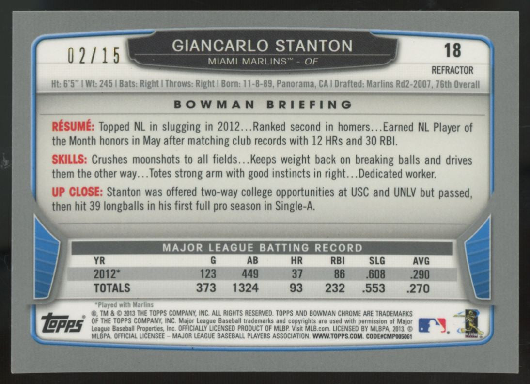 2013 Bowman Chrome Giancarlo Mike Stanton Black Refractor /15 #18
