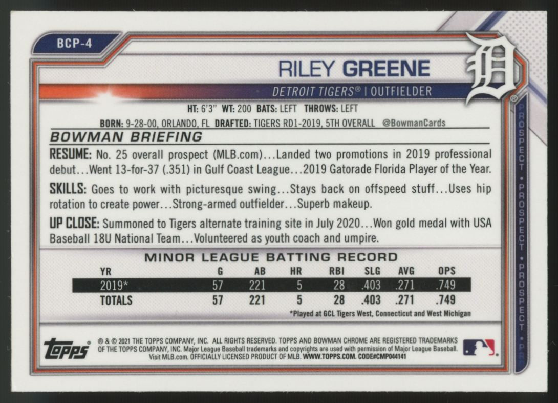 2021 Bowman Chrome Riley Greene Prospect #BCP-4 Signed IP Auto
