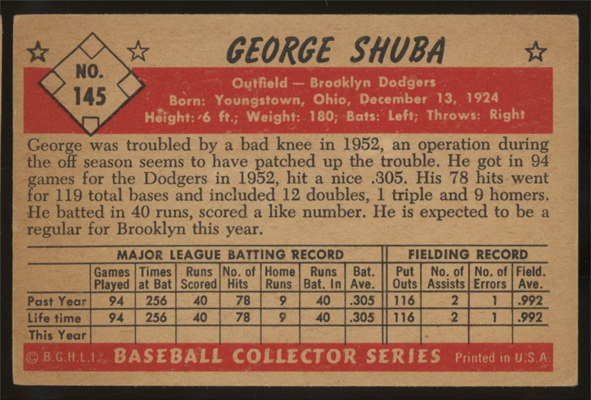 1953 Bowman George Shuba #145 EX