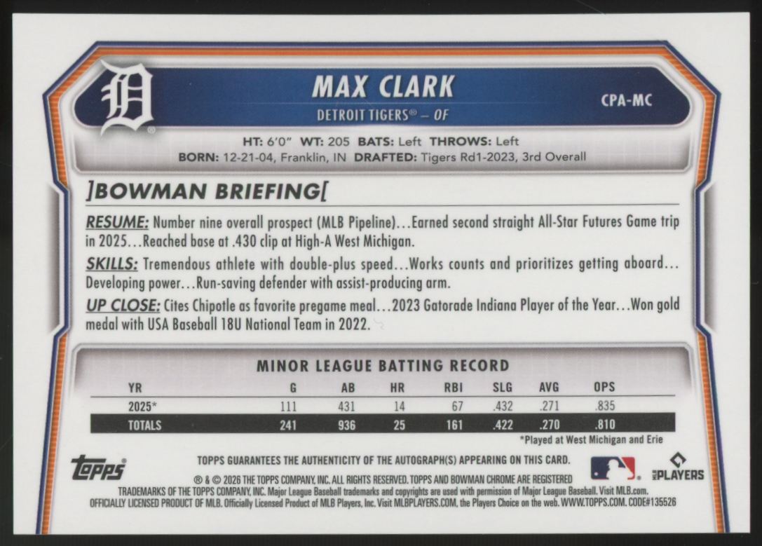 2026 Bowman Chrome Max Clark RC Blue Refractor Auto /150 #CPA-MC