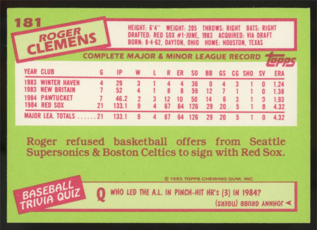 1985 Topps Tiffany Roger Clemens RC #181 G/VG (Creases)