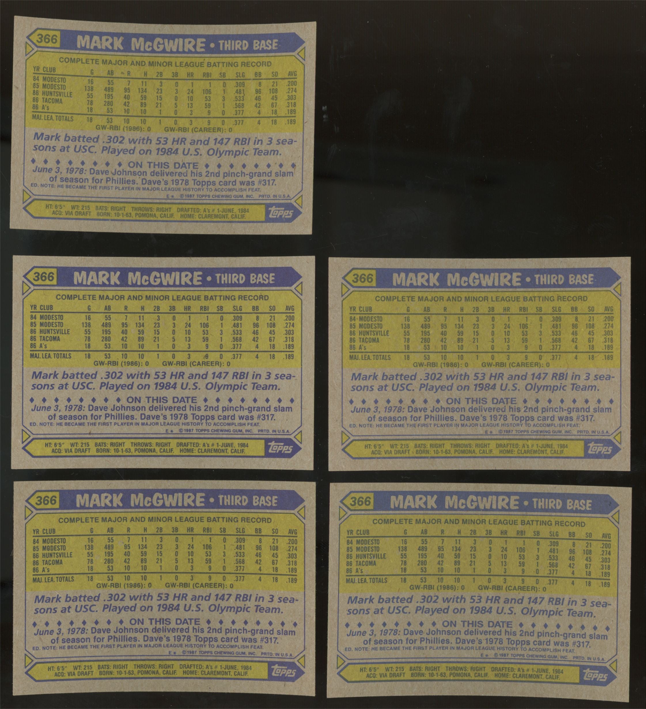 1987 Topps Mark McGwire RC #366 (Lot Of 29)