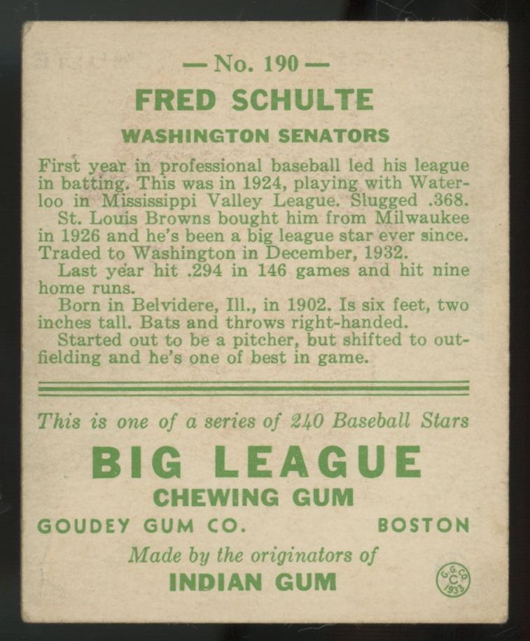 1933 Goudey Fred Schulte #190 VG