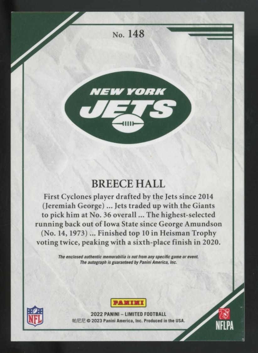2022 Panini Limited Breece Hall RC Silver Spotlight Jumbo Patch Auto RPA /75