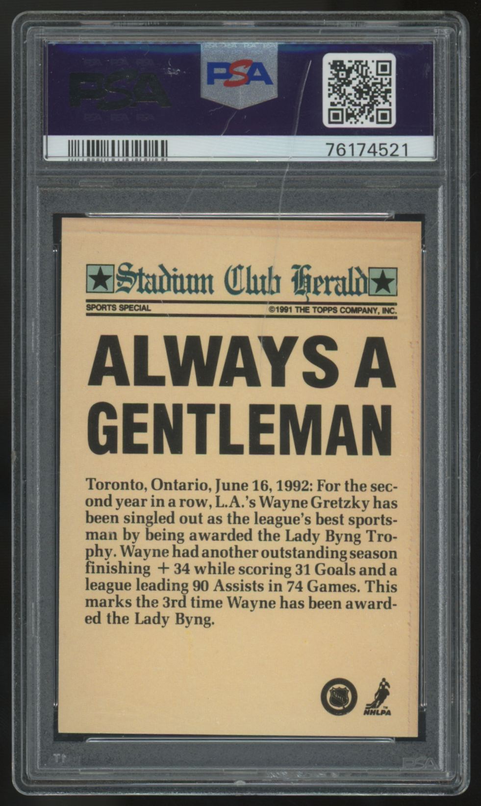 1991-92 Stadium Club Members Only Wayne Gretzky Gentleman PSA 8 *Cracked Slab*
