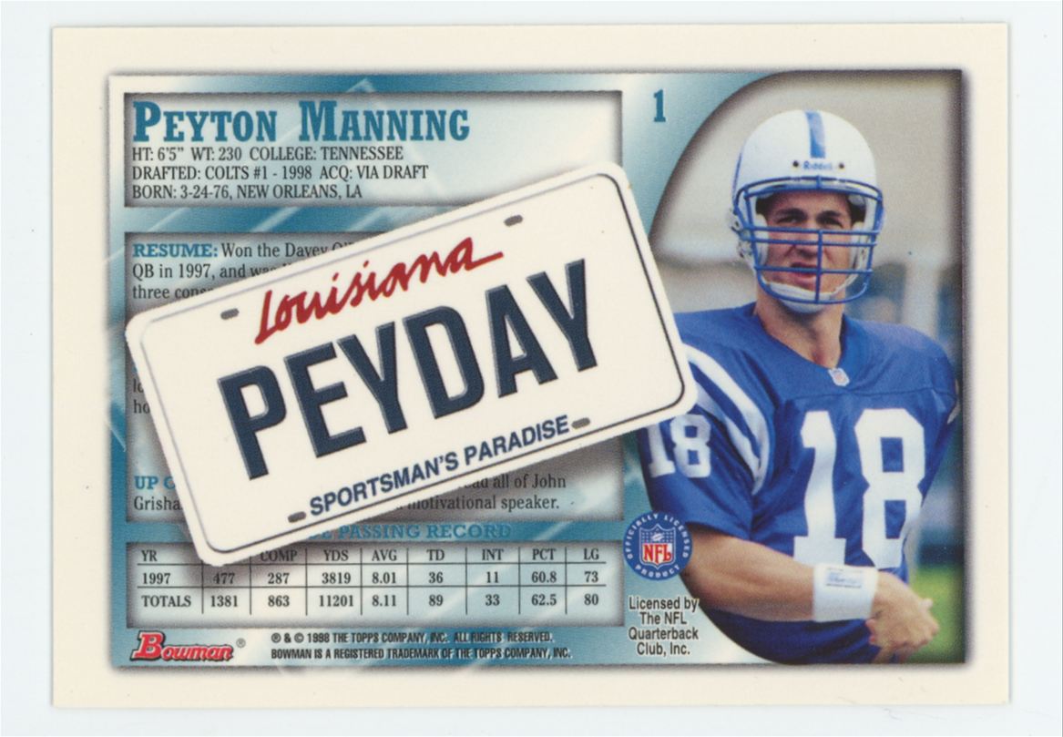 1998 Bowman Peyton Manning RC Interstate #1 EX (Surface)