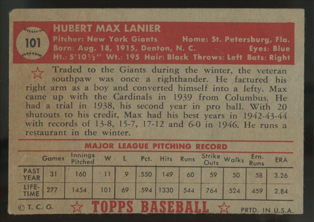 1952 Topps Max Lanier RC #101 Good