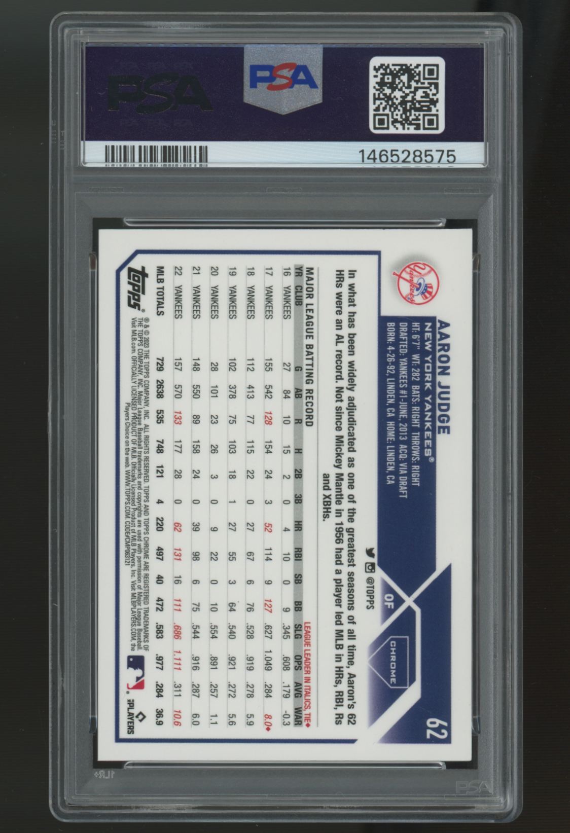 2023 Topps Chrome Aaron Judge Purple Sonar Refractor /275 #62 PSA 10