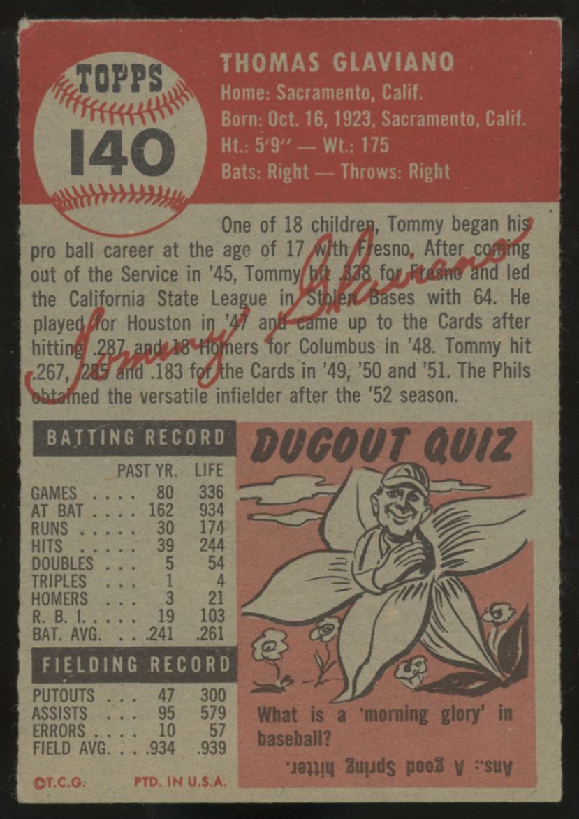 1953 Topps Tommy Glaviano #140 EX "A"