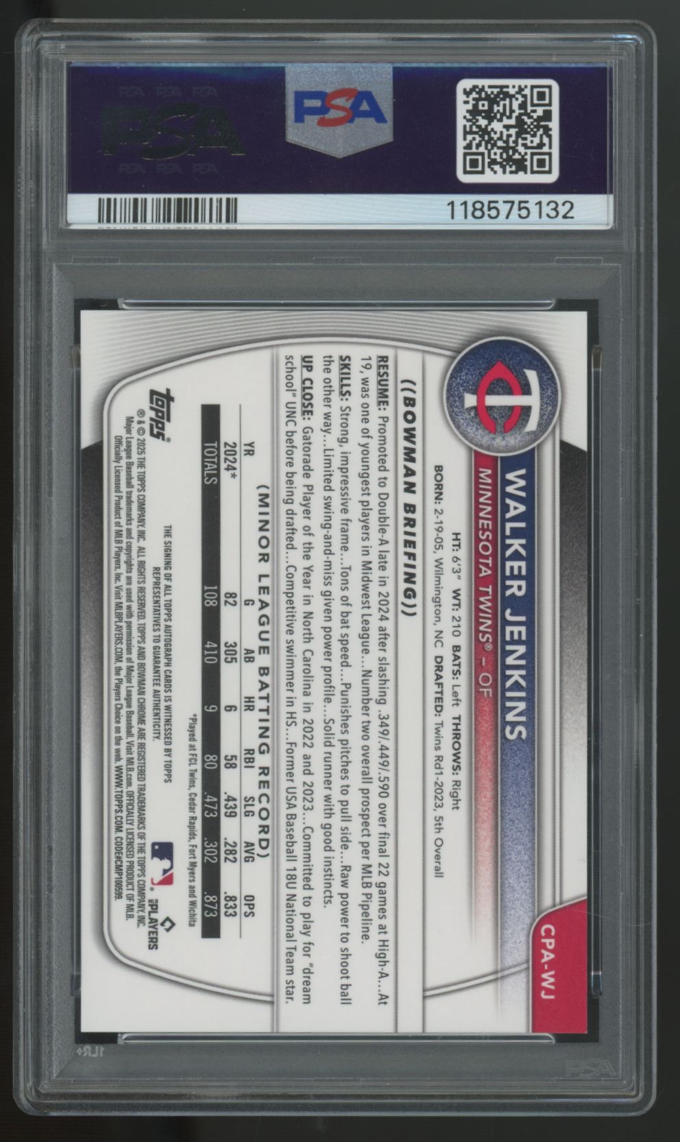 2025 Bowman Walker Jenkins Chrome Prospect Green Grass Auto /99 #CPA-WJ PSA 9