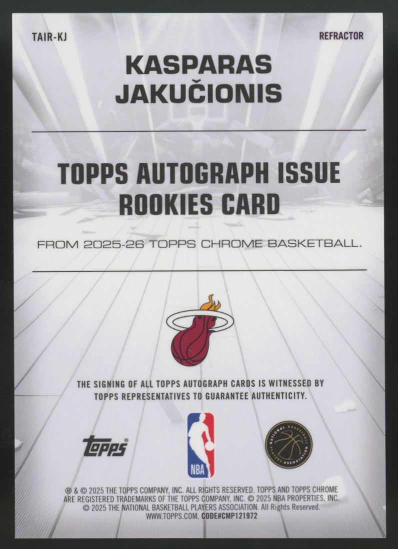 2025-26 Topps Chrome Kasparas Jakucionis RC Refractor Auto Issue #TAIR-KJ