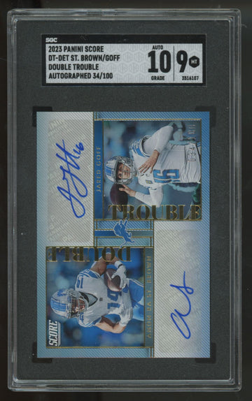 2023 Score Jared Goff, Amon-Ra St. Brown Dual Double Trouble Auto /100 SGC 9 10