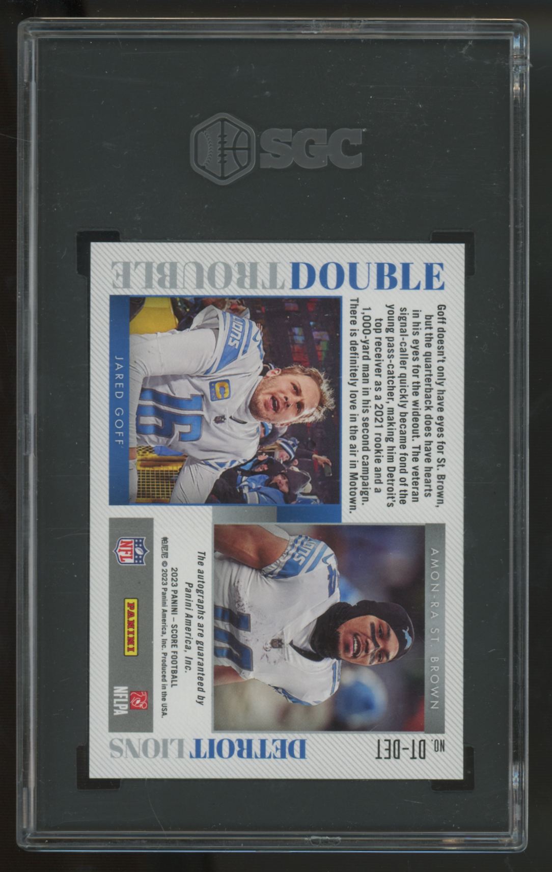 2023 Score Jared Goff, Amon-Ra St. Brown Dual Double Trouble Auto /100 SGC 9 10