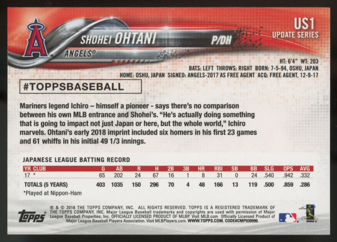 2018 Topps Update Shohei Ohtani RC #US1 "D"