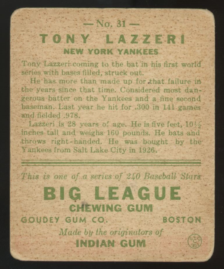 1933 Goudey Tony Lazzeri #31 Good