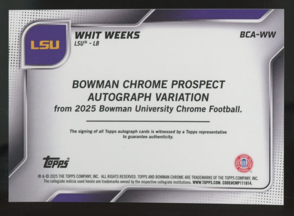 2025 Bowman Chrome U Whit Weeks 1st Prospect Auto Variation #BCA-WW