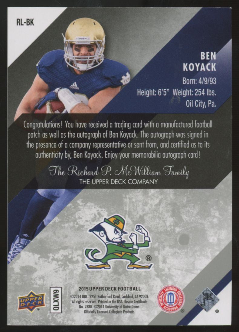 2015 Upper Deck Ben Koyack RC Lettermen Signatures Patch Auto /50 #RL-BK
