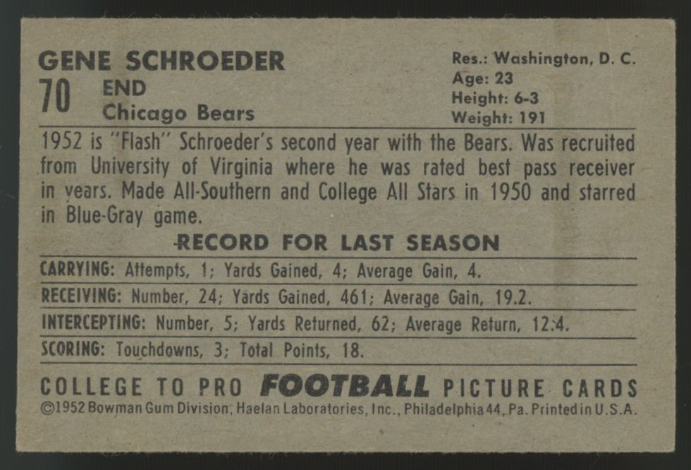 1952 Bowman Small Gene Schroeder #70 VG/EX-EX