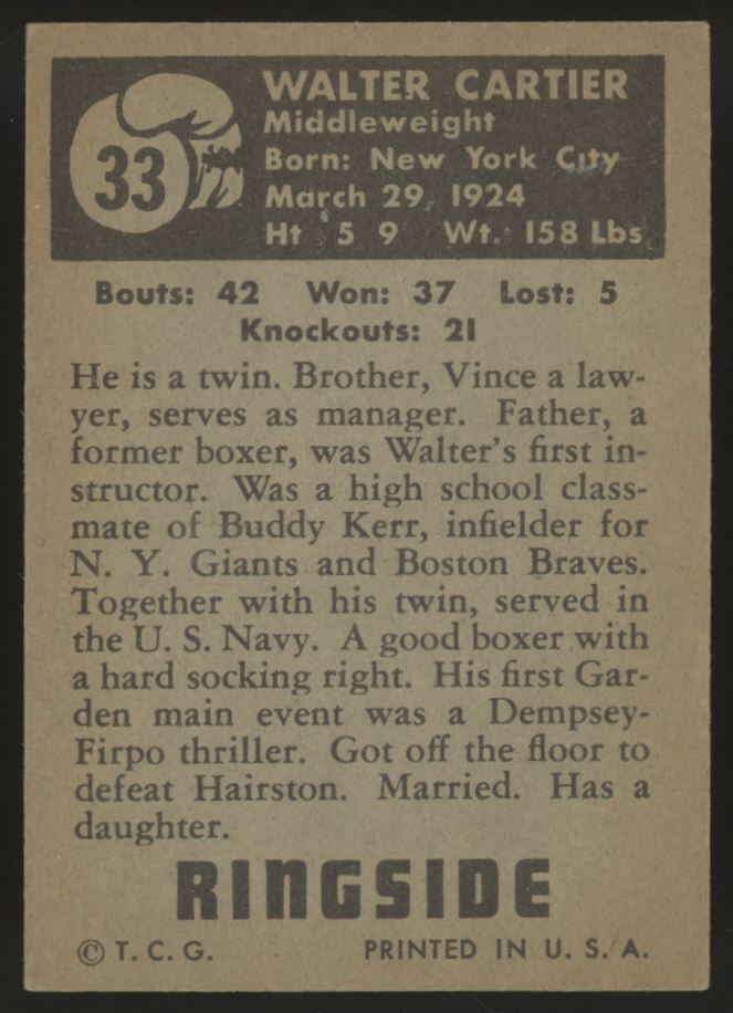 1951 Topps Ringside Walter Cartier #33 VG (Wrinkles)