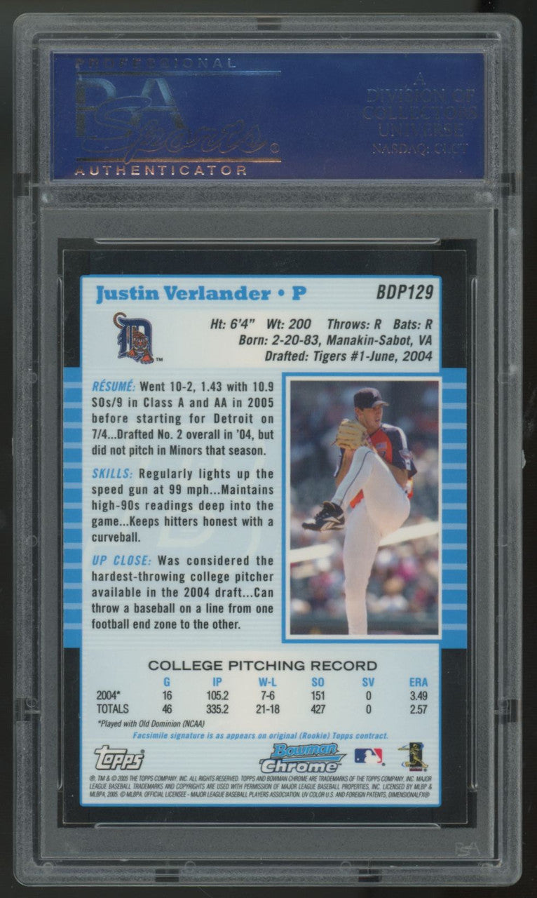 2005 Bowman Chrome Draft Justin Verlander First Year #129 PSA 9