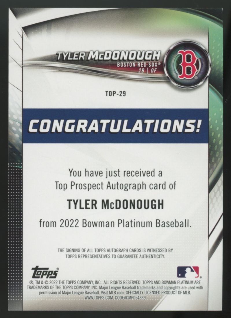2022 Bowman Platinum Tyler McDonough Prospect Foilfractor Auto 1/1 #TOP-29