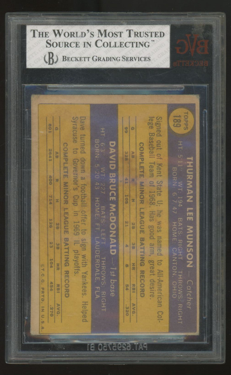 1970 Topps Thurman Munson/Dave McDonald RC Rookie Stars #189 BVG 3.5