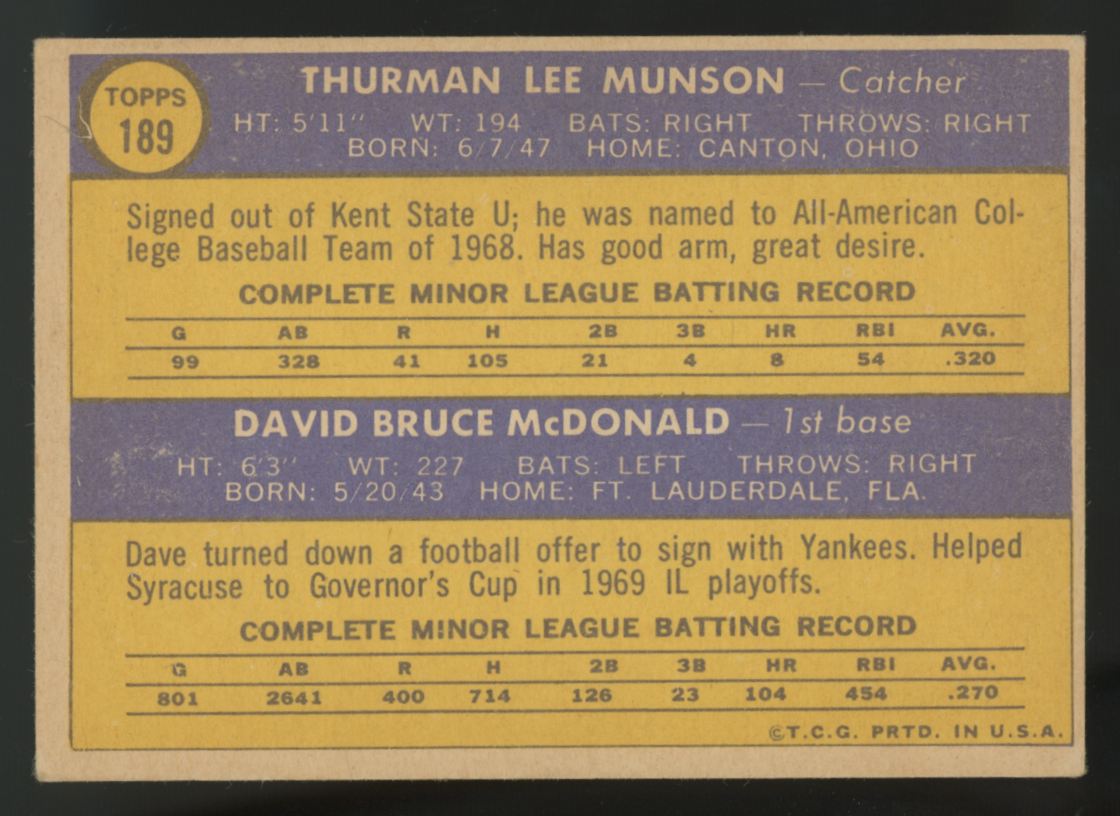 1970 Topps Thurman Munson  RC Rookie Stars #189 VG-VG/EX