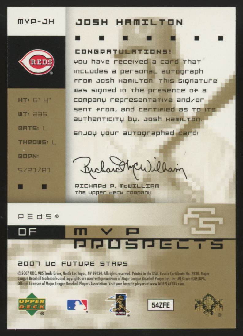 2007 Future Stars Josh Hamilton MVP Prospects Auto #MVP-JH "B"