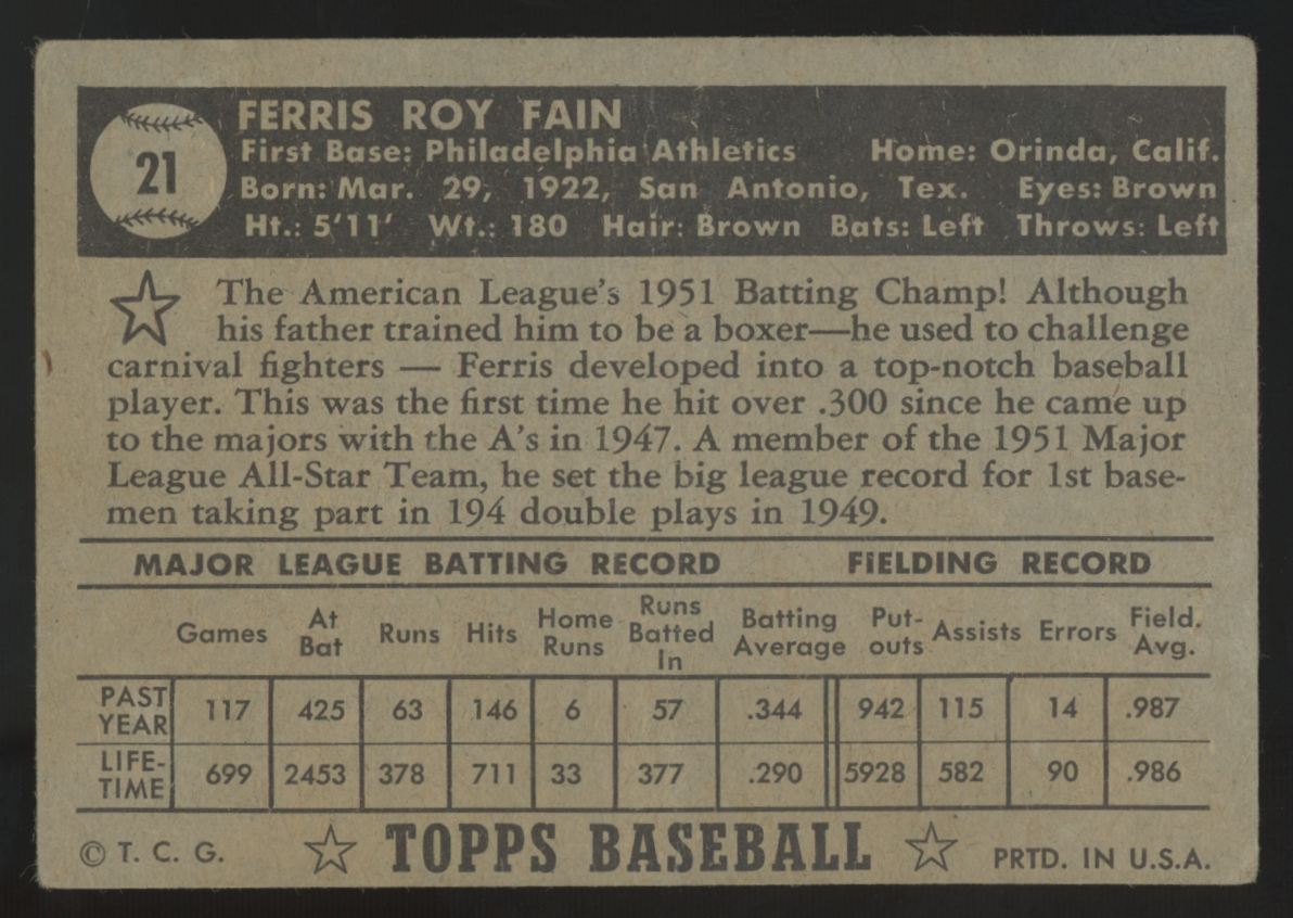1952 Topps Ferris Fain Black Back #21 Poor