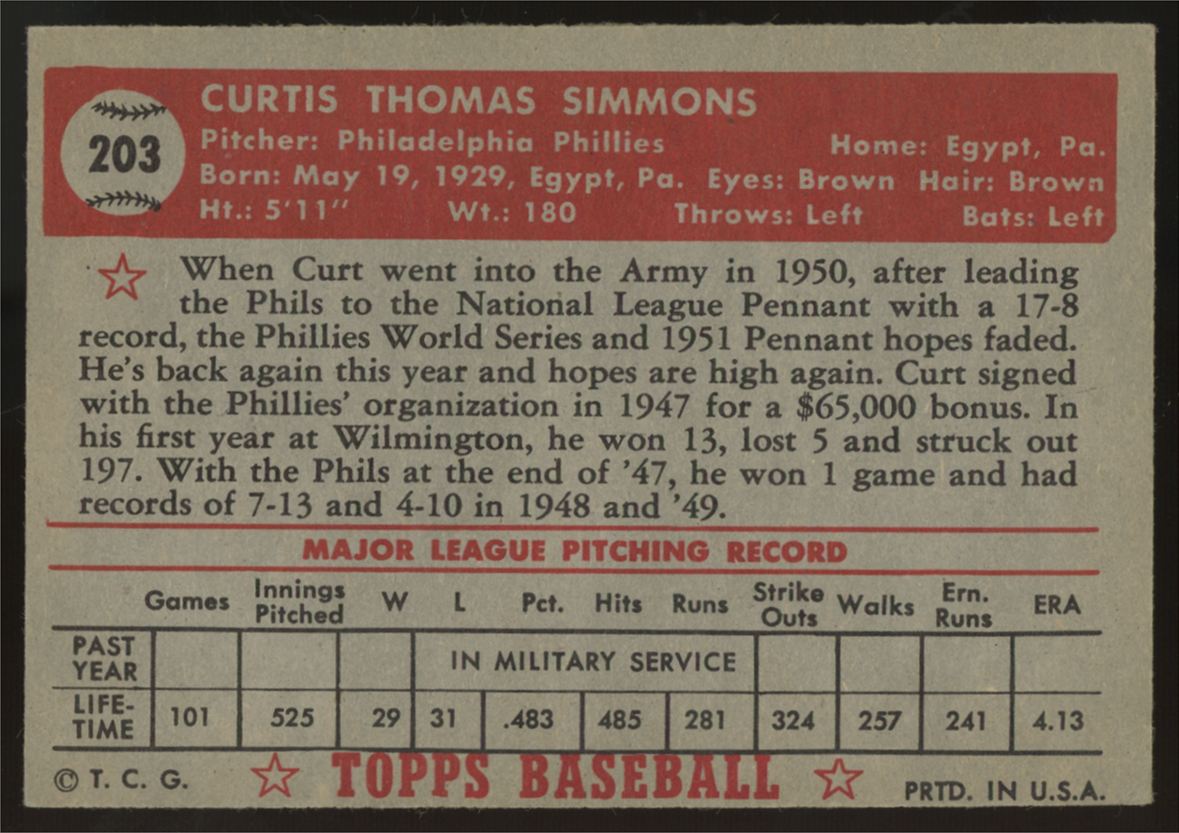 1952 Topps Curt Simmons #203 EX/MT