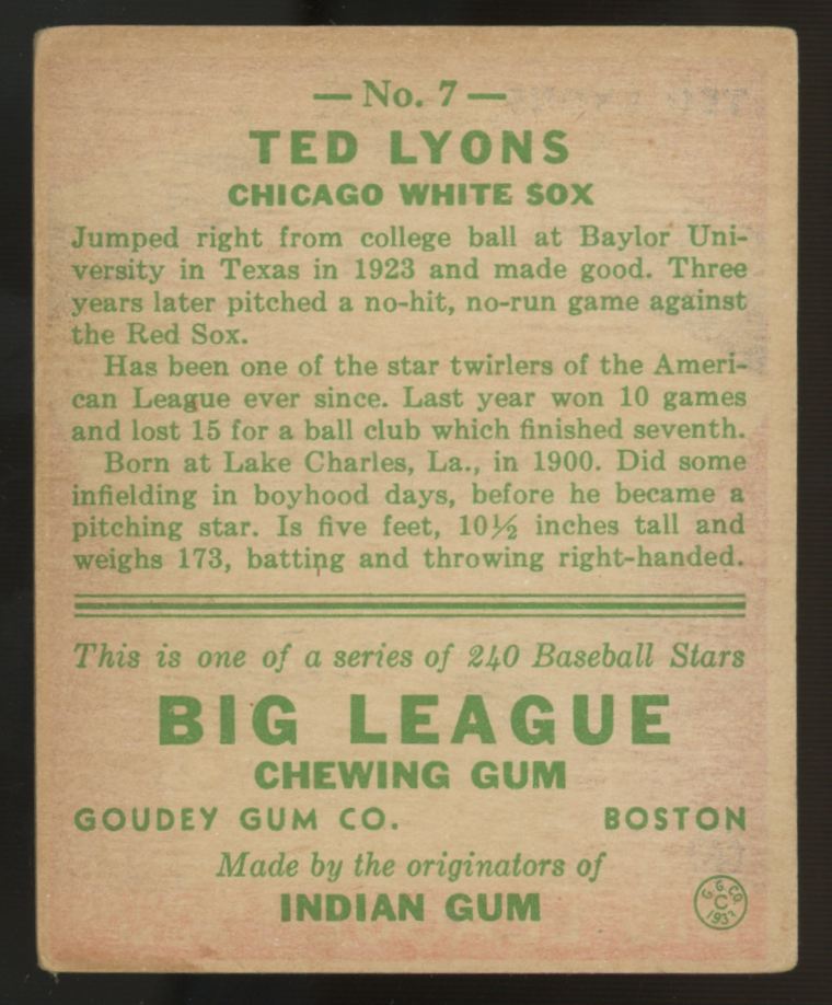 1933 Goudey Ted Lyons #7 VG/EX