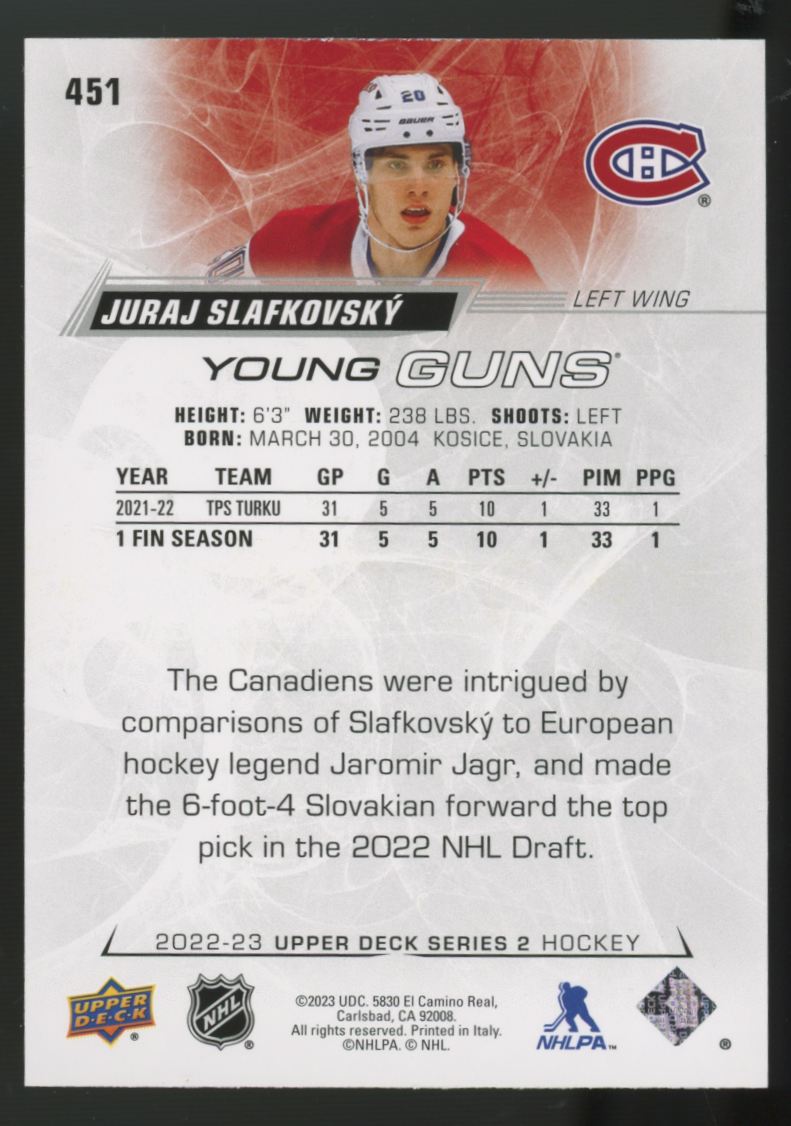 2022-23 Upper Deck Series Two Juraj Slafkovsky RC Young Guns #451