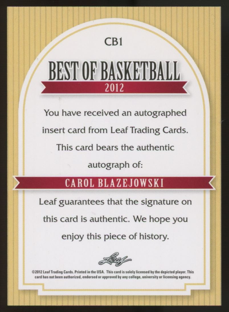 2012 Leaf Carol Blazejowski Best of Basketball Auto /5 #CB1