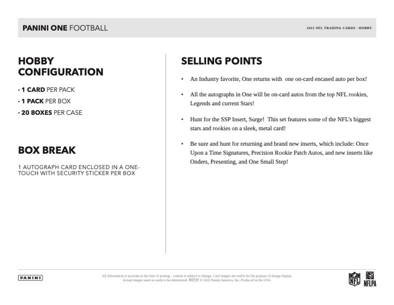 2022 Panini One Football Hobby Box
