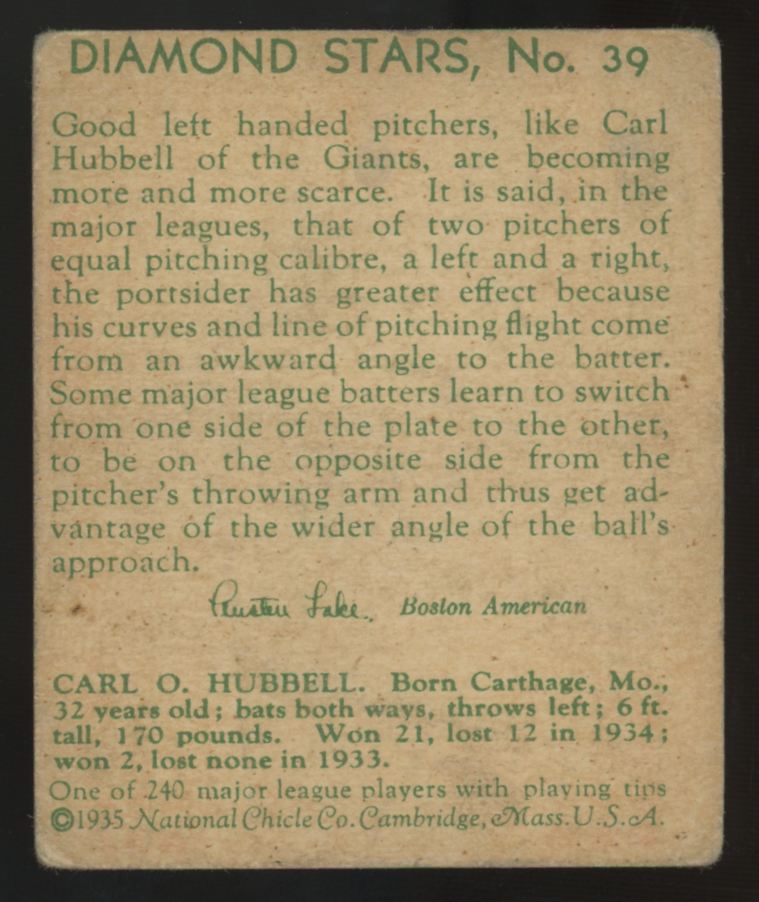 1935 National Chicle Carl Hubbell Diamond Stars #39 G/VG